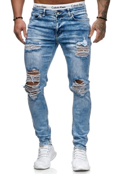 OneRedox Jeans Jeans Homme Denim Slim Fit Used Design Modèle 5122 L.Blue
